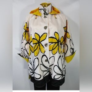 Yellow/White Big Flowers Long Sleeve Water Repellent Reversible Raincoat